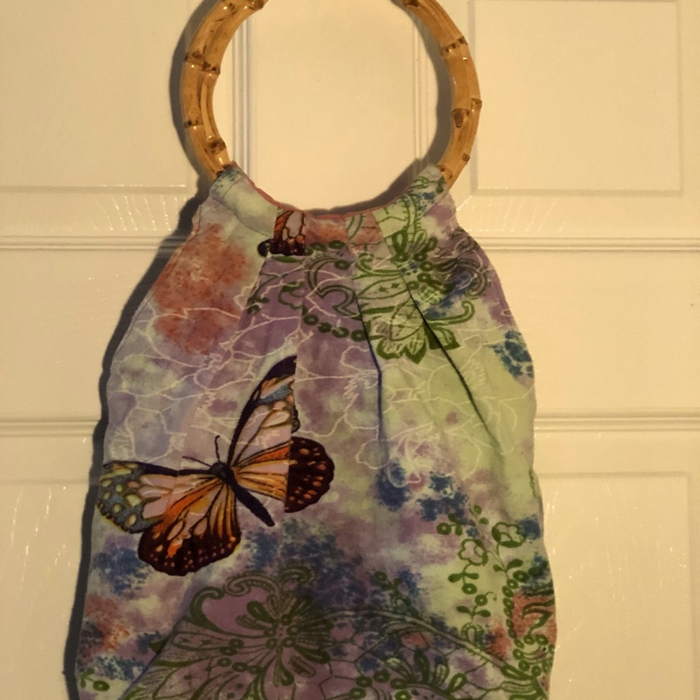 Butterfly Print Purse With Bamboo Handle